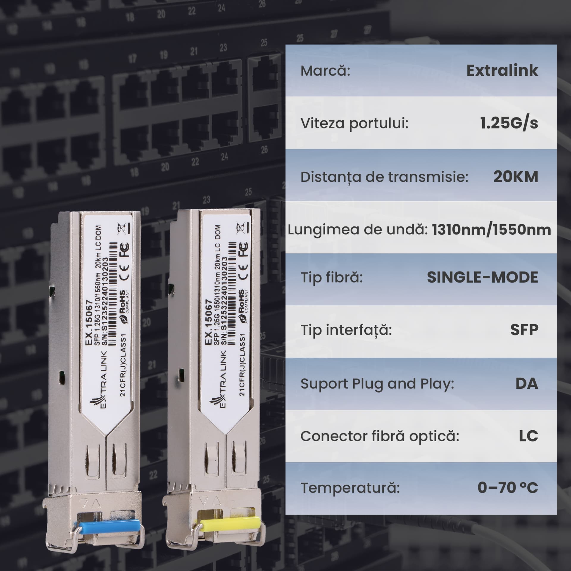 Extralink SFP WDM 1.25G 1310/1550nm | SFP Module | Single mode, 20km, LC, DDM, Pair, dedicated for HP/Aruba "EX.15067" — miniatură