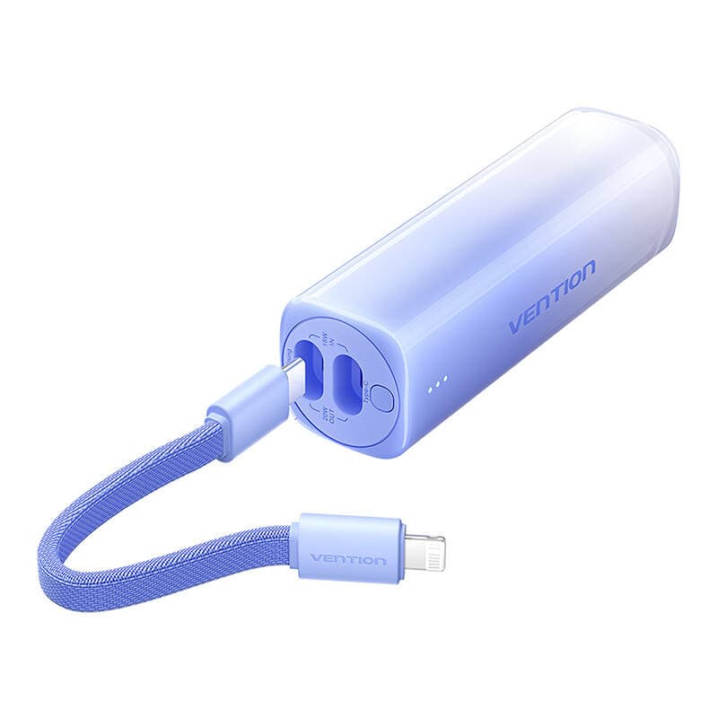 Power Bank Vention, 5000mAh,20W, cablu Lightning si USB-C atasate, indicator LED, albastru "FHWL0" — miniatură
