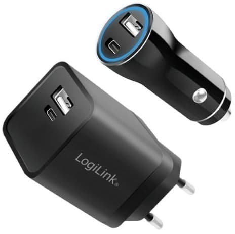 KIT ALIMENTATOR retea 220V + Auto LOGILINK, universal, 1 x USB-C / 1 x USB-A retea, maxim 3A/15W, 1 x USB-C / 1 x USB-A auto, maxim 3A/15W, suport OCP/OVP/SCP, negru, "PA0300"