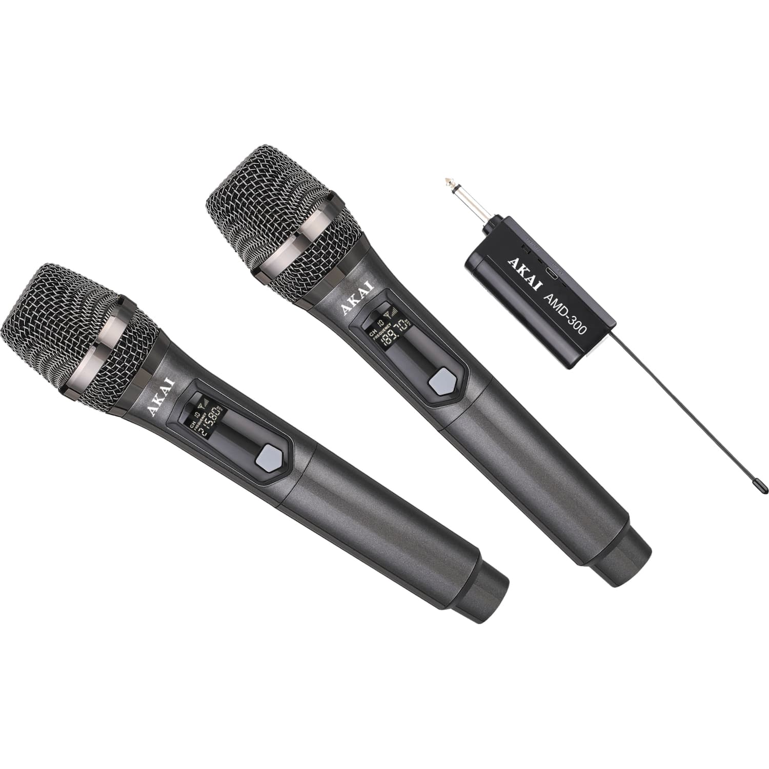 Set 2 microfoane wireless Akai, tip cardioid cu transmisie audio digitala, 10mW, cod de identificare digital de 16 biti tehnologie pilot, negru, "AMD-300"