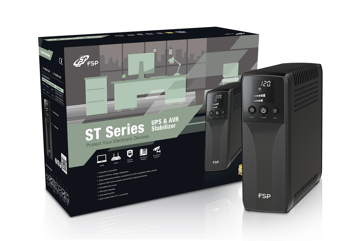 UPS FORTRON Line Int. cu management, LCD, 1200VA/ 720W, AVR, 4 x socket Schuko, display LCD, 2 x baterie 12V/9Ah, conector HID USB, RJ45, baterie hot-swappable, "ST 1200" "PPF7200600" — miniatură