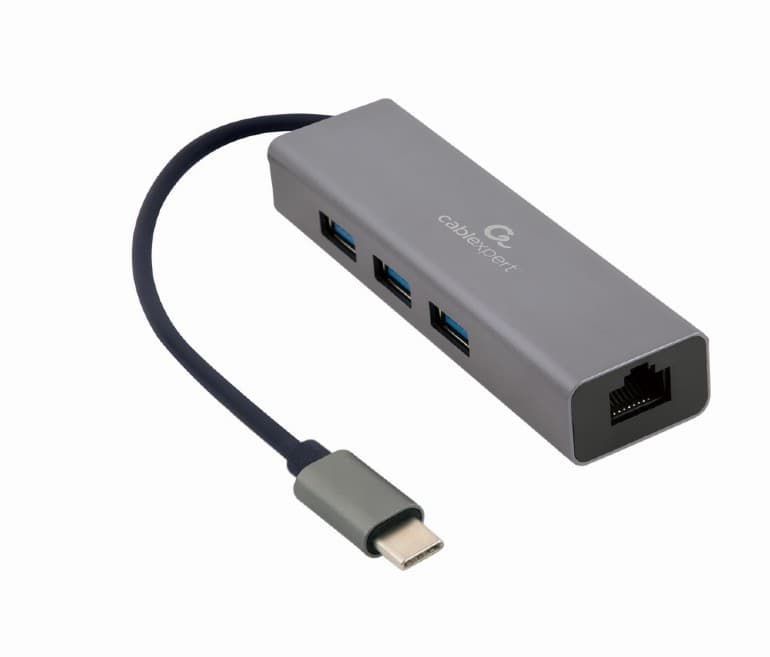 ADAPTOR RETEA GEMBIRD, extern, USB 3.1 Gen1 Type-C, port RJ-45, 1000 Mbps, cu HUB 3 x 3.0 USB-A, silver, "A-CMU3-LAN-01"