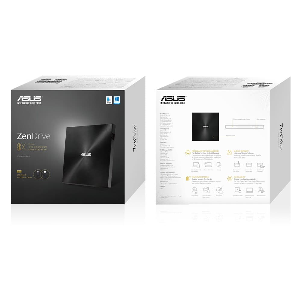 ZenDrive U9M, 8X, ultra-subtire Nero BackItUp, E-Green, Negru "SDRW-08U9M-U/BLK/G/AS" — miniatură