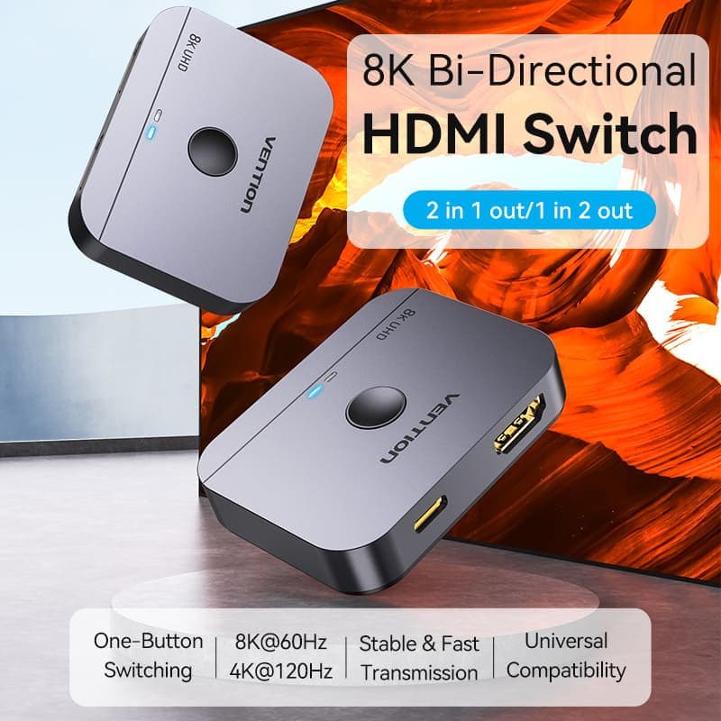 Splitter video Vention, HDMI(M) la 2 x HDMI(M), bi-directional, rezolutie 8K la 60Hz/4K la 120Hz, aliaj aluminiu, Cablu USB-C alimentare inclus, argintiu, "AKPH0" - 6922794772588 — miniatură