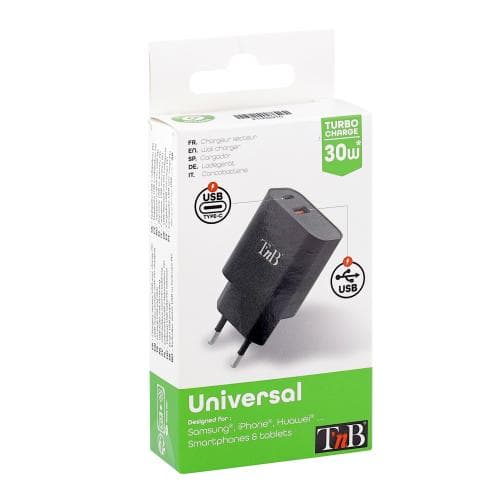 TNB USB TYPE-C PD + USB-A 30W WALL CHARGER - black "CHPD30W2"