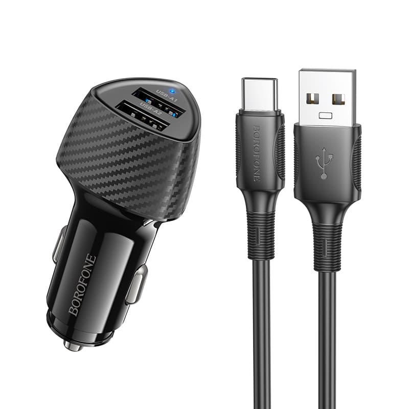 INCARCATOR auto Borofone "BZ31A ", pt. bricheta auto, 2 x USB 5V/2.4A, include cablu USB la USB Type-C de 1m, negru "6941991112591"