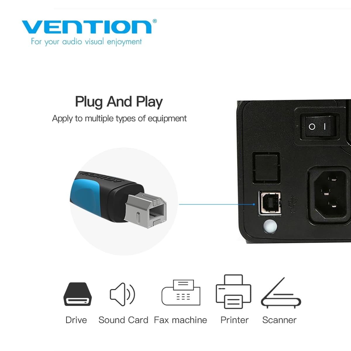 Cablu USB imprimanta Vention, USB 2.0 B (T) la USB 2.0 (T), 5m, 480 Mbps, PVC, negru, "VAS-A16-B500" -6922794717619 — miniatură