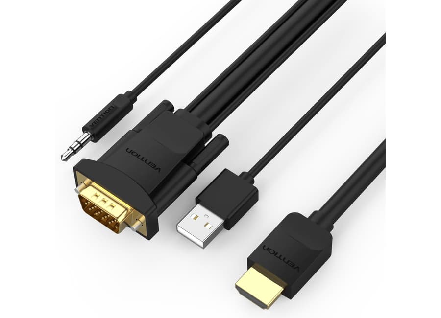 Cablu video Vention, HDMI(T) la VGA (T) + Jack 3.5mm+ USB 2.0, 2m, rezolutie 1080p la 60Hz, PVC, negru, "ABIBH" - 6922794746091