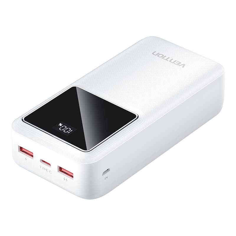 Power Bank Vention 30.000 mAh, 22.5W PD 20W, QC, &nbsp;1x USB-C, 2x USB-A, 1x micro USB (doar pt incarcare), afisaj LED, cablu USB A - USB-C 30cm inclus, 700g, alb, "FHMW0" - 6922794785632 — miniatură