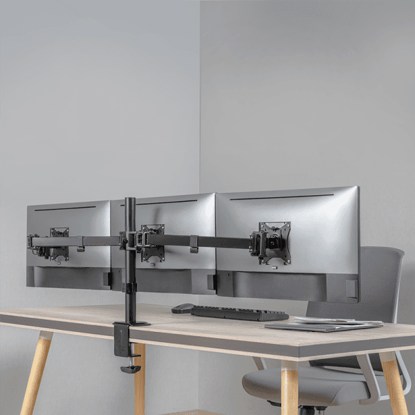 SUPORT de birou LOGILINK, pt 3 TV/monitor plat, curbat, diag. max 27 inch, rotatie, inclinare, pivotare, orizontala, verticala, totala, max 7 Kg x 3, "BP0173" — miniatură