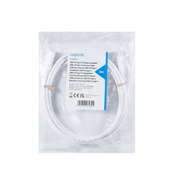 CABLU alimentare si date LOGILINK, pt. smartphone, USB 2.0, USB Type-C (T) la USB Type-C (M), 2m, PD 100W, 2 x ecranat, plastic, alb, "CU0221" — miniatură