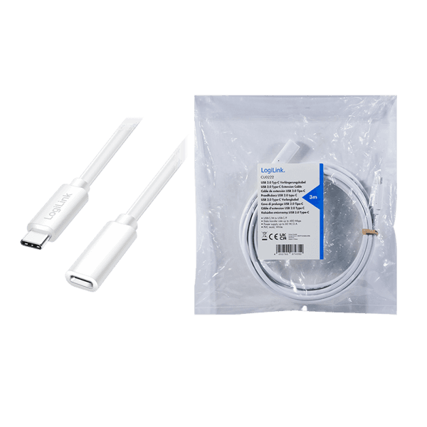 CABLU alimentare si date LOGILINK, pt. smartphone, USB 2.0, USB Type-C (T) la USB Type-C (M), 3m, PD 60W, 2 x ecranat, plastic, alb, "CU0222" — miniatură
