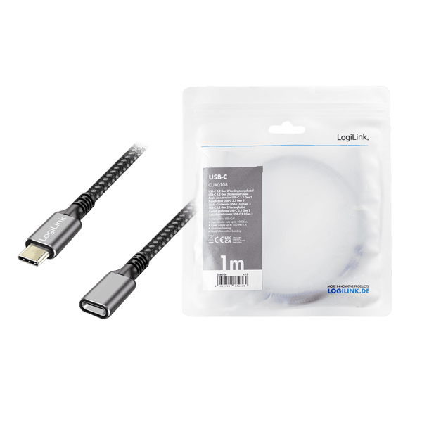 CABLU alimentare si date LOGILINK, pt. smartphone, USB 3.2, USB Gen Type-C (T) la USB Type-C (M), 1m, PD 100W, 2 x ecranat, aluminiu, negru&gri, "CUA0108" — miniatură