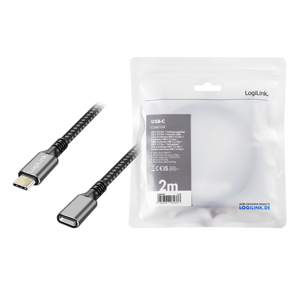 CABLU alimentare si date LOGILINK, pt. smartphone, USB 3.2, USB Gen Type-C (T) la USB Type-C (M), 2m, PD 100W, 2 x ecranat, aluminiu, negru&gri, "CUA0109" — miniatură