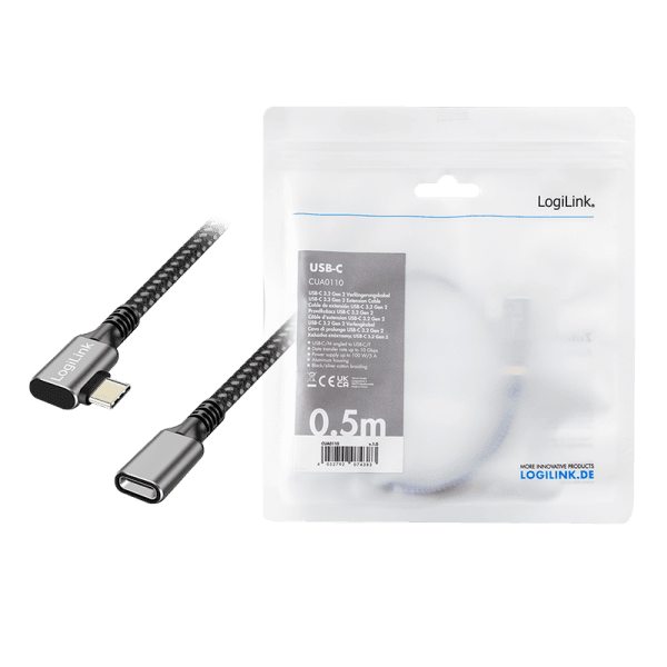 CABLU alimentare si date LOGILINK, pt. smartphone, USB 3.2, USB Gen Type-C (T) la USB Type-C (M) la 90 grade, 0.5m, PD 100W, 2 x ecranat, aluminiu, braiding, negru&gri, "CUA0110" — miniatură