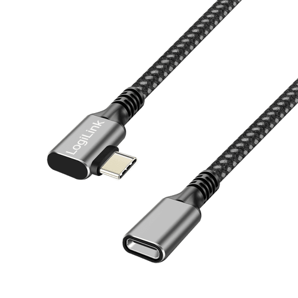 CABLU alimentare si date LOGILINK, pt. smartphone, USB 3.2, USB Gen Type-C (T) la USB Type-C (M) la 90 grade, 0.5m, PD 100W, 2 x ecranat, aluminiu, braiding, negru&gri, "CUA0110"