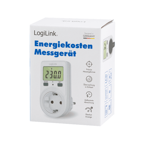 PRIZA LOGILINK, Schuko x 1, conectare prin Schuko (T), contor de cost energie, 16 A, afisaj energie / putere / tarif cost, baterie incorporata, IP20, alb, "EM0002B" — miniatură