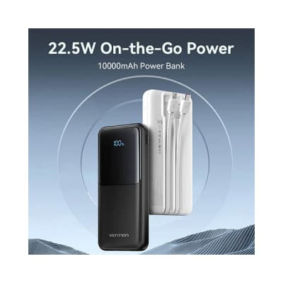 Power Bank Vention 10.000 mAh, 22.5W PD 20W, QC, 1x USB-C, 2x USB-A, 1x micro USB (doar pt incarcare), cablu Ligtning si USB-C integrate, afisaj LED, cablu Lightning si USB-C integrate, 314g, alb, "FHOW0" - 6922794784 — miniatură