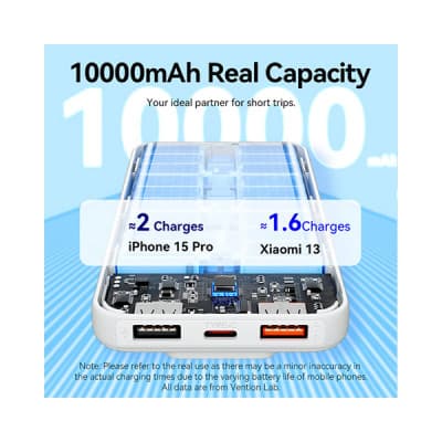 Power Bank Vention 10.000 mAh, 22.5W PD 20W, QC, 1x USB-C, 2x USB-A, 1x micro USB (doar pt incarcare), cablu Ligtning si USB-C integrate, afisaj LED, cablu Lightning si USB-C integrate, 314g, alb, "FHOW0" - 6922794784 — miniatură