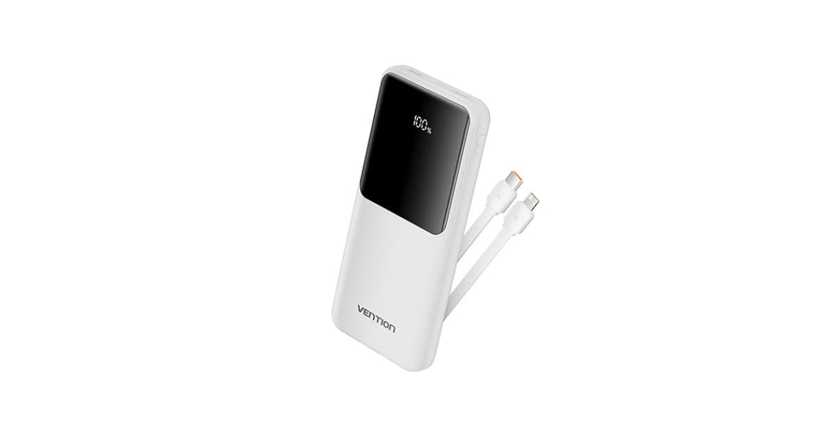 Power Bank Vention 10.000 mAh, 22.5W PD 20W, QC, 1x USB-C, 2x USB-A, 1x micro USB (doar pt incarcare), cablu Ligtning si USB-C integrate, afisaj LED, cablu Lightning si USB-C integrate, 314g, alb, "FHOW0" - 6922794784
