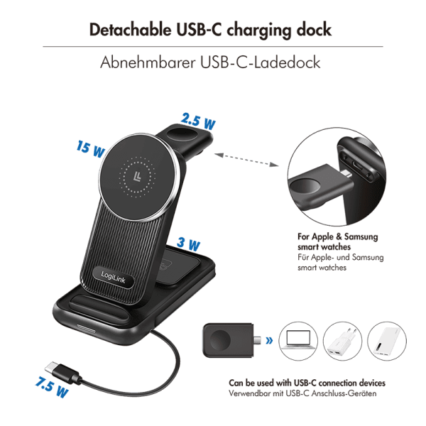 STATIE INCARCARE USB-C LOGILINK pt. Apple MagSafe, 4-in-1 wireless, incarca 4 echip. in acelasi timp, 20.5W, prot. supracurent/ supratensiune/ suprasarcina/, negru, "PA0292" — miniatură