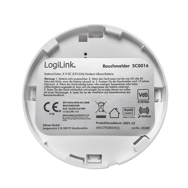 DETECTOR de fum LOGILINK, montare tavan/ perete, senzor: fotoelectric, alarma 85 dB, buton test, baterie 3V, VdS, alb "SC0016" — miniatură