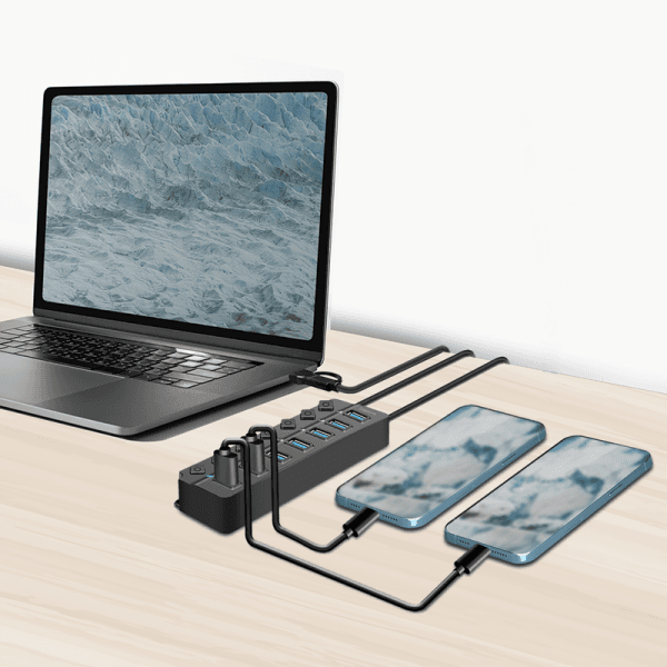 HUB extern LOGILINK, porturi USB: USB 3.0 x 7, conectare prin USB 3.2 Type C + USB-A, on/off individual, cablu 1.2 m, negru, "UA0420" — miniatură