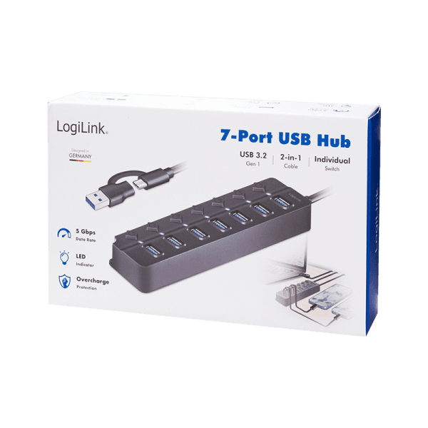 HUB extern LOGILINK, porturi USB: USB 3.0 x 7, conectare prin USB 3.2 Type C + USB-A, on/off individual, cablu 1.2 m, negru, "UA0420" — miniatură