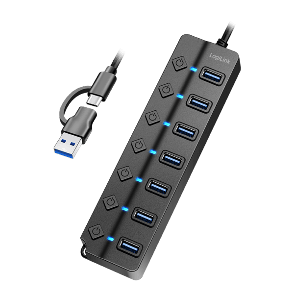 HUB extern LOGILINK, porturi USB: USB 3.0 x 7, conectare prin USB 3.2 Type C + USB-A, on/off individual, cablu 1.2 m, negru, "UA0420"
