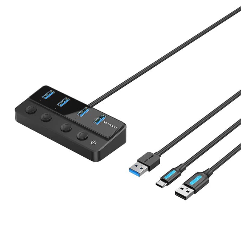 HUB USB Vention, 5-in-1, USB 3.0 x 4 porturi, incarcare prin USB Type-C, viteza 5 Gbps, cablu 1m, conectare prin USB 3.0, intrerupatoare individuale, negru, "CHWBF" ( - 6922794774445