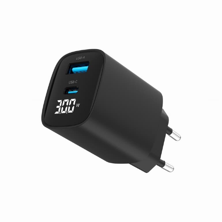 ALIMENTATOR retea 220V GEMBIRD, universal, 1 x USB Type-C D 30W, 1 x USB-A 3.0 QC 20W, LCD display, negru, "TA-UC-PDQC30LCD-BK-01" — miniatură