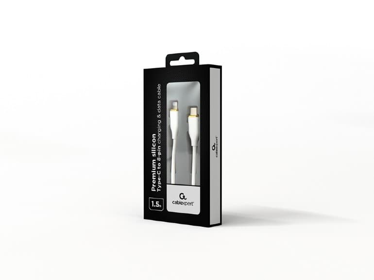 CABLU alimentare si date GEMBIRD, pt. smartphone, USB 2.0 Type-C (T) la Lightning (T), 20W, 1.5m, protectie silicon, alb, "CC-USB2S-CM8PM-1.5M-W" — miniatură