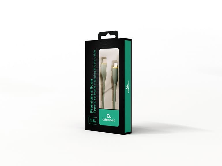 CABLU alimentare si date GEMBIRD, pt. smartphone, USB 2.0 Type-C (T) la Lightning (T), 20W, 1.5m, protectie silicon, verde, "CC-USB2S-CM8PM-1.5M-G" — miniatură