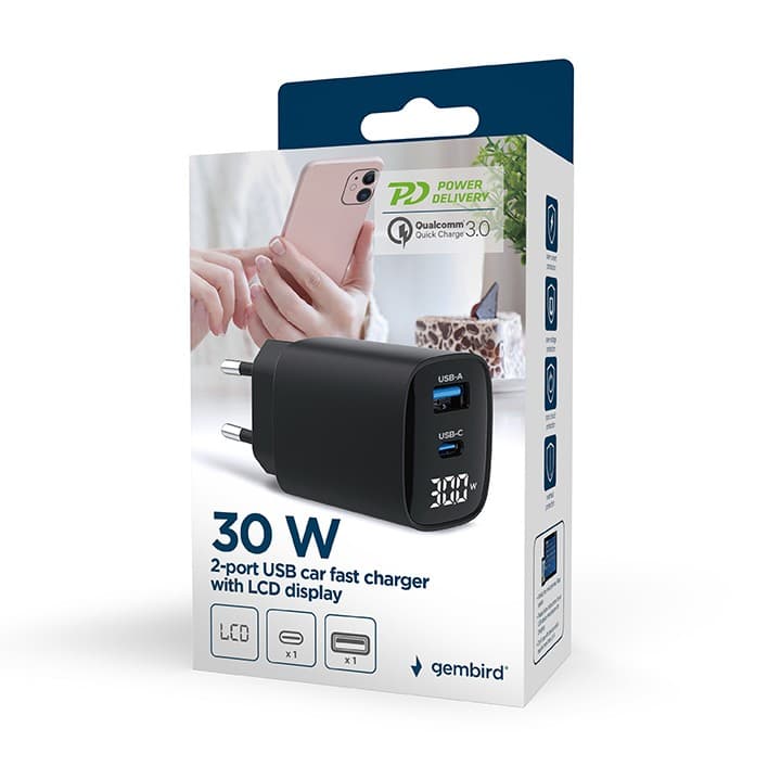 ALIMENTATOR retea 220V GEMBIRD, universal, 1 x USB Type-C D 30W, 1 x USB-A 3.0 QC 20W, LCD display, negru, "TA-UC-PDQC30LCD-BK-01" — miniatură