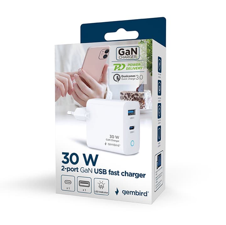 ALIMENTATOR retea 220V GEMBIRD, universal, 1 x USB Type-C D 30W, 1 x USB-A 3.0 QC 30W, indicator LED, tehnologie GaN, alb, "TA-UC-PDQC30L-W-01" — miniatură