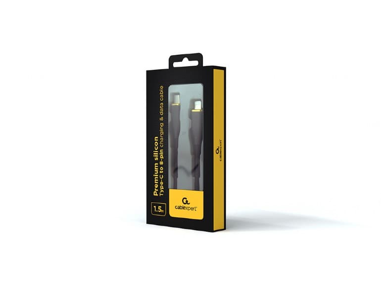 CABLU alimentare si date GEMBIRD, pt. smartphone, USB 2.0 Type-C (T) la Lightning (T), 20W, 1.5m, protectie silicon, negru, "CC-USB2S-CM8PM-1.5M-BK" — miniatură