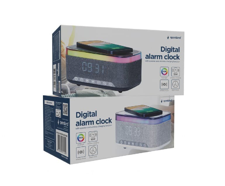 CEAS digital + Boxa + ALIMENTATOR wireless GEMBIRD, Bluetooth V5.0, 2 x 5W, 1200mAh, RGB lights, Functii: FM/TF/USB/AUX/ora/alarma, black/grey, "DAC-SPKBT-QC15-BK" — miniatură