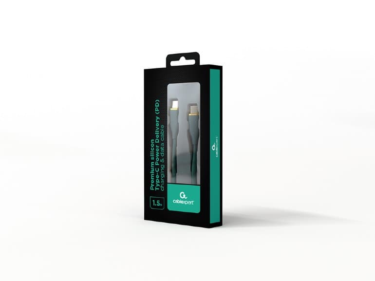 CABLU alimentare si date GEMBIRD, pt. smartphone, USB 2.0 Type-C (T) la USB 2.0 Type-C (T), 60W, 1.5m, protectie silicon, verde, "CC-USB2S-CMCM-1.5M-G" — miniatură