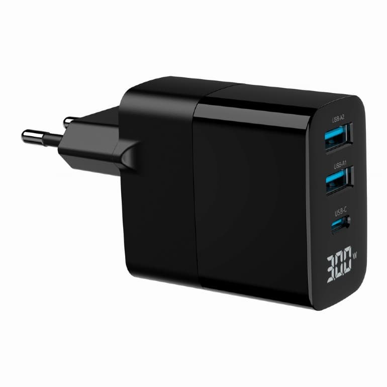 ALIMENTATOR retea 220V GEMBIRD, universal, 1 x USB Type-C D 30W, 2 x USB-A 3.0 QC 18W, LCD display, tehnologie GaN, negru, "TA-UC-PDQC30LCD-BK-02" — miniatură