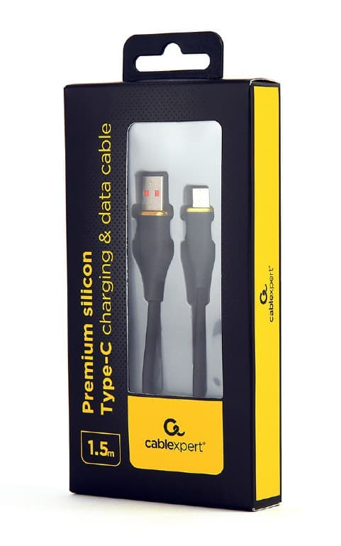 CABLU alimentare si date GEMBIRD, pt. smartphone, USB 2.0 (T) la USB 2.0 Type-C (T), 1.5m, protectie silicon, negru, "CC-USB2S-AMCM-1.5M-BK" — miniatură