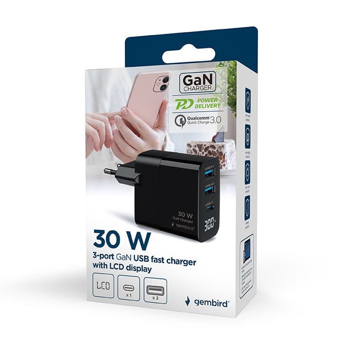 ALIMENTATOR retea 220V GEMBIRD, universal, 1 x USB Type-C D 30W, 2 x USB-A 3.0 QC 18W, LCD display, tehnologie GaN, negru, "TA-UC-PDQC30LCD-BK-02" — miniatură