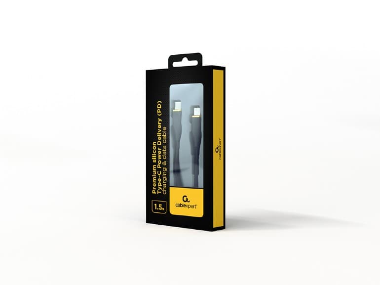 CABLU alimentare si date GEMBIRD, pt. smartphone, USB 2.0 Type-C (T) la USB 2.0 Type-C (T), 60W, 1.5m, protectie silicon, negru, "CC-USB2S-CMCM-1.5M-BK" — miniatură