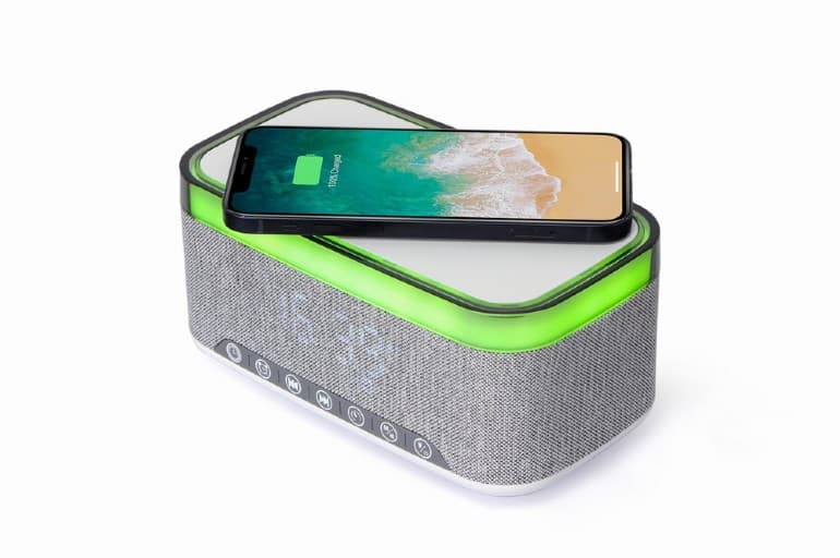 CEAS digital + Boxa + ALIMENTATOR wireless GEMBIRD, Bluetooth V5.0, 2 x 5W, 1200mAh, RGB lights, Functii: FM/TF/USB/AUX/ora/alarma, black/grey, "DAC-SPKBT-QC15-BK"
