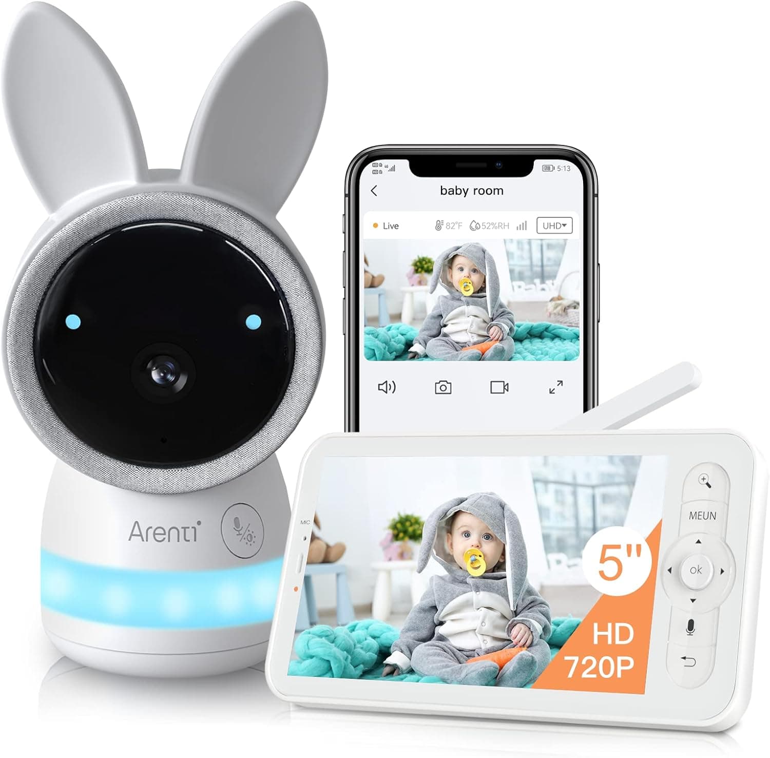 Kit supraveghere bebelusi Arenti, 2K, 3MP, zoom 4X, mini, wireless, microSD max 256GB, detectie miscare si sunet, audio bidirectional, ecran 5inch,720p HD, max 300m, microSD max 128GB, pan si tilt, "AInanny"
