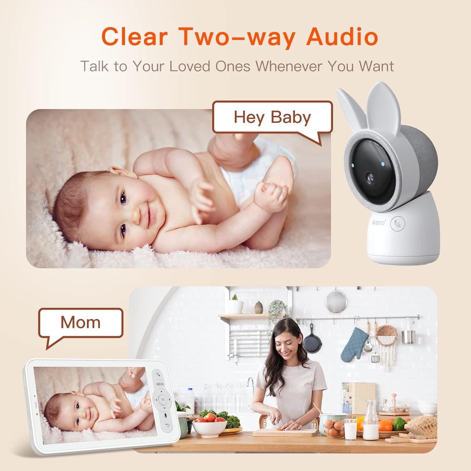 Kit supraveghere bebelusi Arenti, 2K, 3MP, zoom 4X, mini, wireless, microSD max 256GB, detectie miscare si sunet, audio bidirectional, ecran 5inch,720p HD, max 300m, microSD max 128GB, pan si tilt, "AInanny" — miniatură