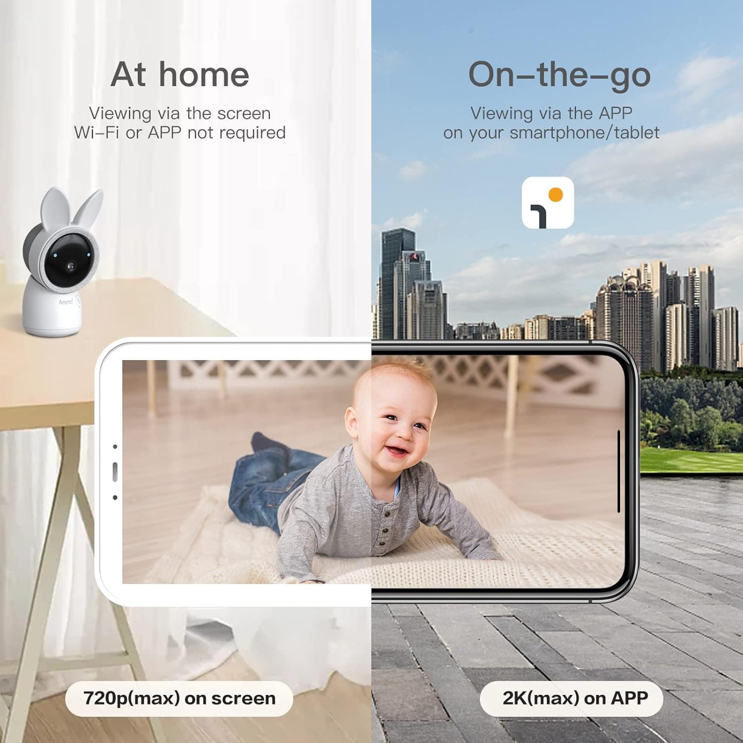 Kit supraveghere bebelusi Arenti, 2K, 3MP, zoom 4X, mini, wireless, microSD max 256GB, detectie miscare si sunet, audio bidirectional, ecran 5inch,720p HD, max 300m, microSD max 128GB, pan si tilt, "AInanny" — miniatură