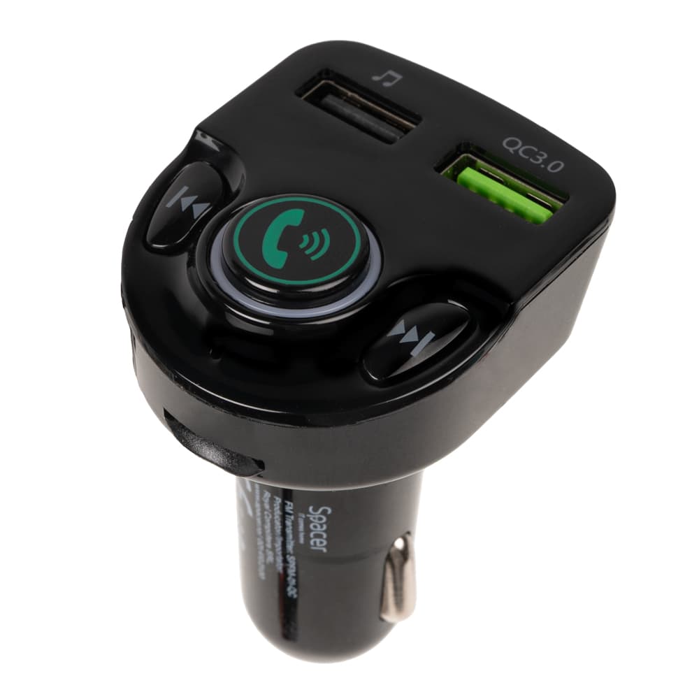 MODULATOR AUTO FM SPACER, Bluetooth 5.0. 1xUSB QC3.0 &amp; 1xUSB max. 5V/3.1A, 12V-24V, max. 10-15m, mic max. 0-2m, format MP3/WMA, 206 canale 87.5-108Mhz, USB disk, microSD, answer/reject/hang up/redial, black, "SPFM-01-QC"