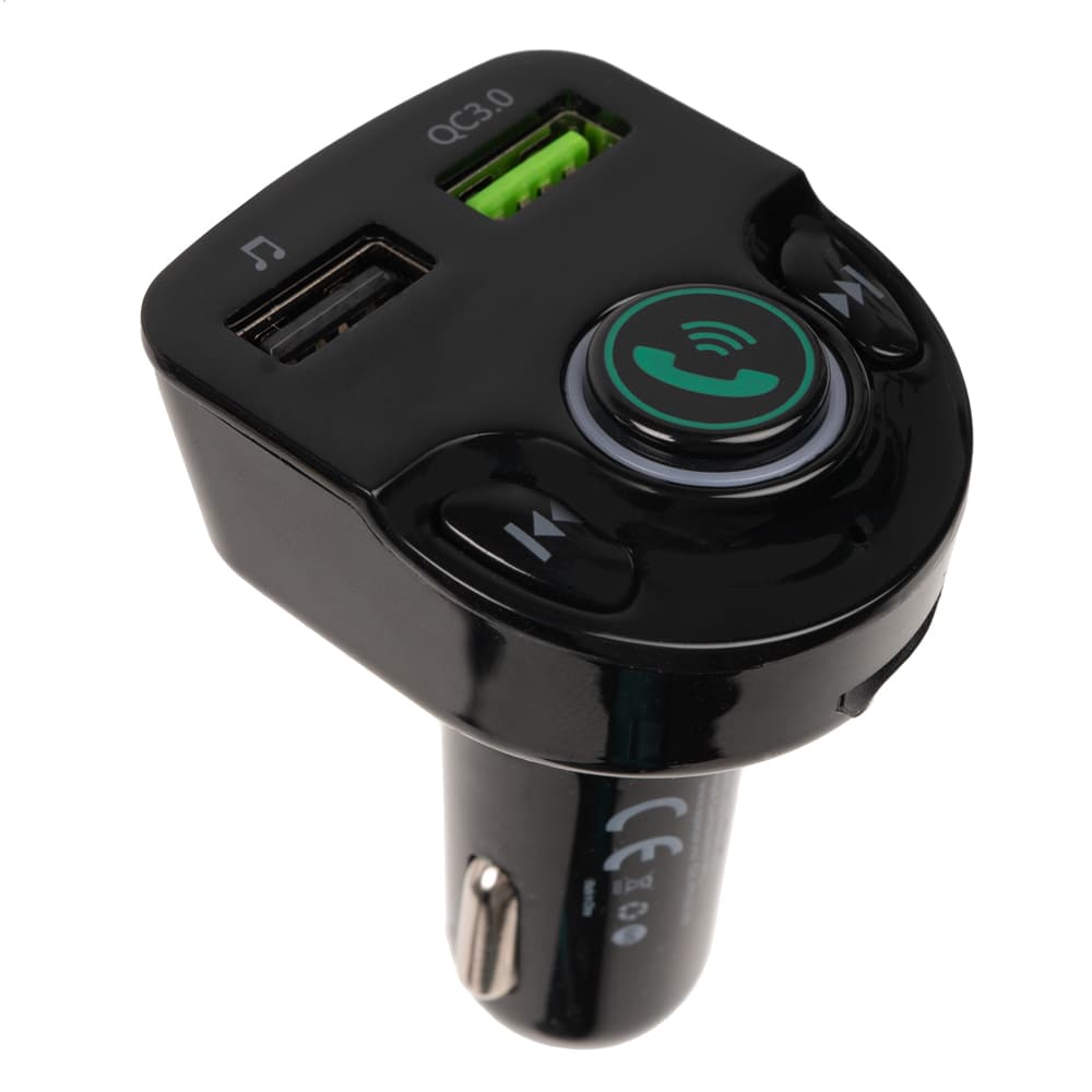 MODULATOR AUTO FM SPACER, Bluetooth 5.0. 1xUSB QC3.0 & 1xUSB max. 5V/3.1A, 12V-24V, max. 10-15m, mic max. 0-2m, format MP3/WMA, 206 canale 87.5-108Mhz, USB disk, microSD, answer/reject/hang up/redial, black, "SPFM-01-QC" — miniatură