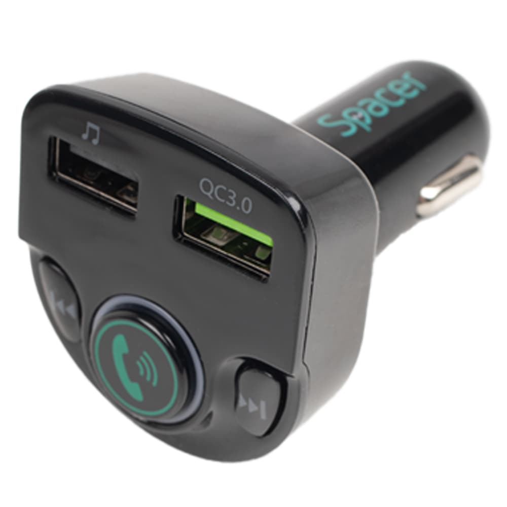 MODULATOR AUTO FM SPACER, Bluetooth 5.0. 1xUSB QC3.0 & 1xUSB max. 5V/3.1A, 12V-24V, max. 10-15m, mic max. 0-2m, format MP3/WMA, 206 canale 87.5-108Mhz, USB disk, microSD, answer/reject/hang up/redial, black, "SPFM-01-QC" — miniatură