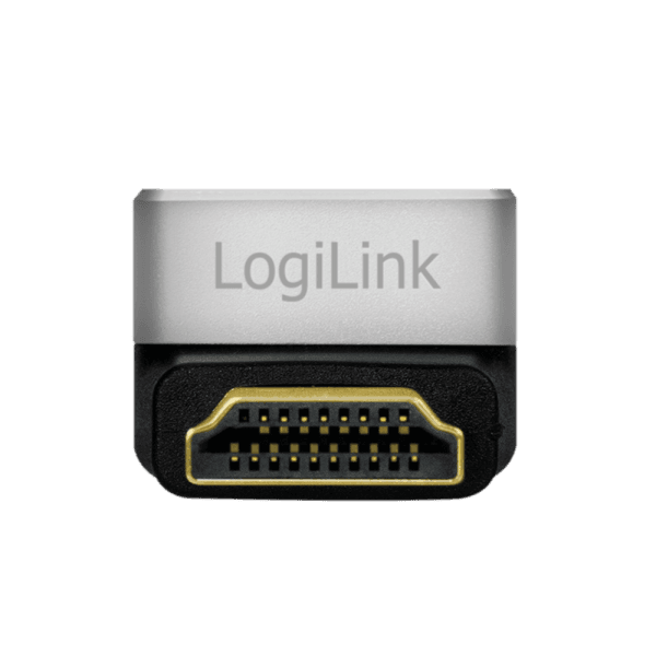 ADAPTOR video LOGILINK, HDMI (T) la HDMI (M), conectori auriti, rezolutie maxima 8K (7680 x 4320) la 60 Hz, 90 grade, negru-gri, "AH0005A" — miniatură